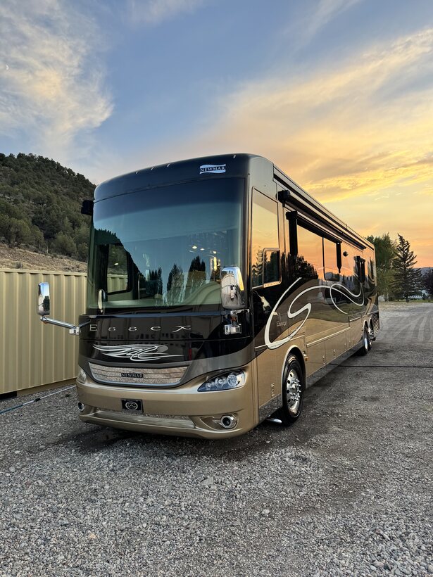 Luxury motorcoach detailed at sunset in Colorado